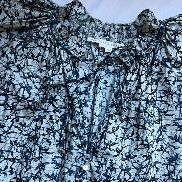 VERONICA BEARD cream navy printed cotton ruffle sleeveless tiered mini dress - Picture 4 of 8